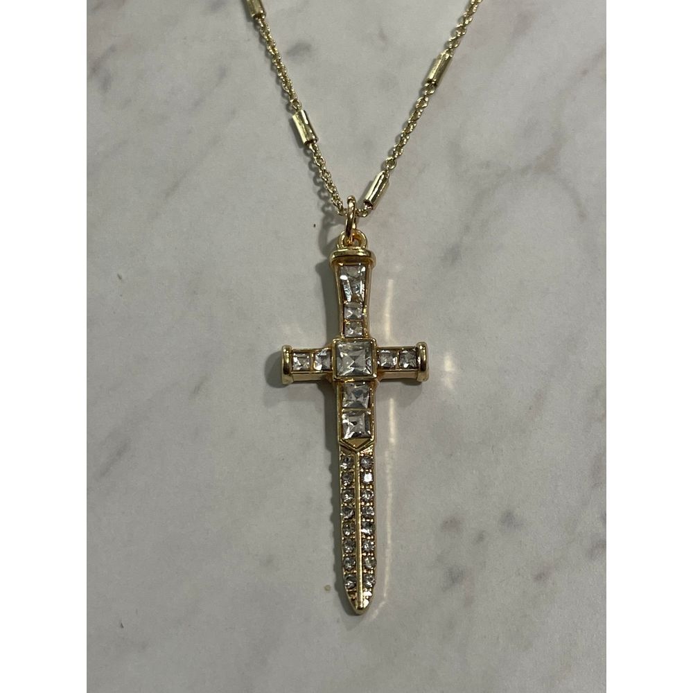 Gold Tone Rhinestones Sword Cross Pendant Necklace New - Picture 2 of 8